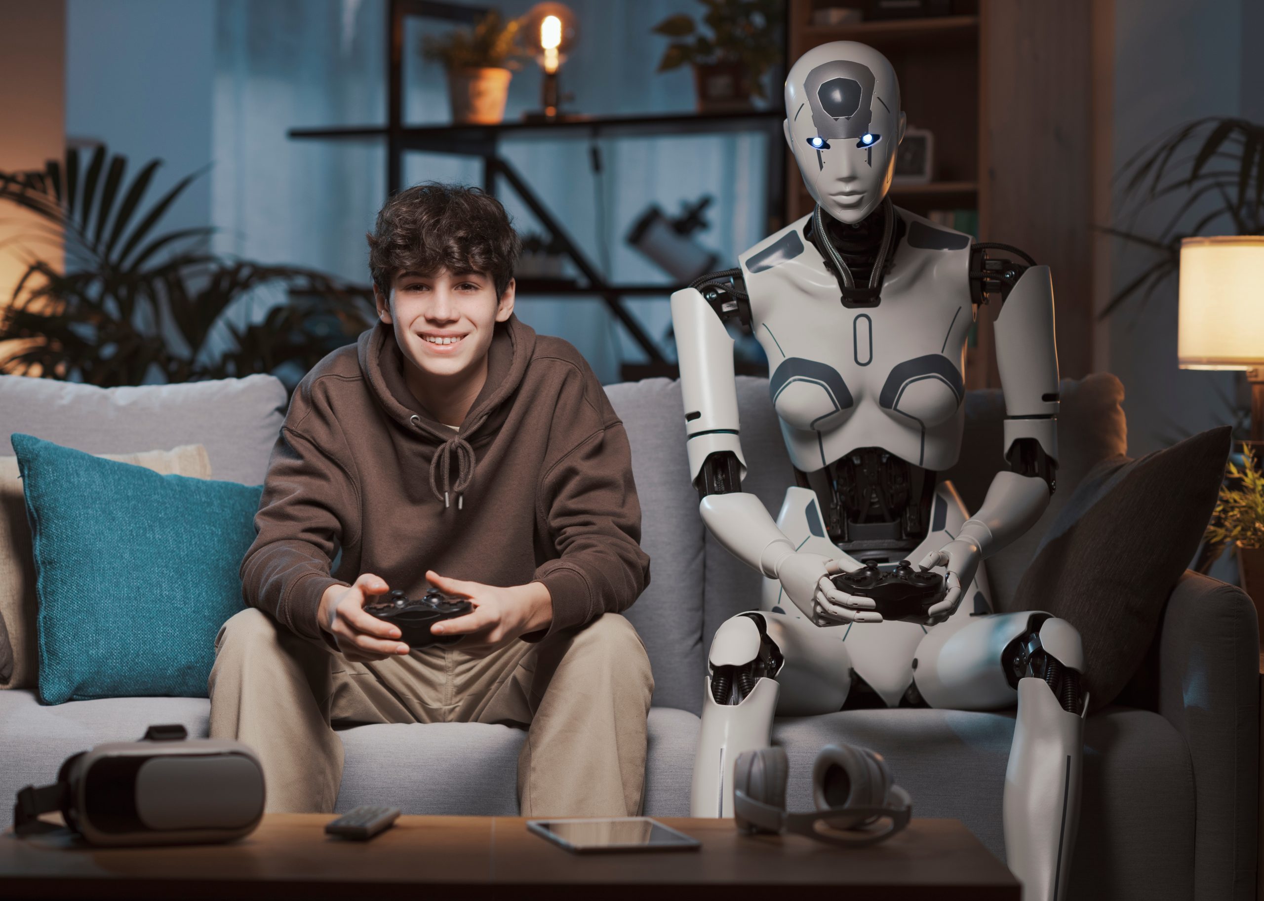 a young person sits on a couch next to a robot/cyborg and both play video games.