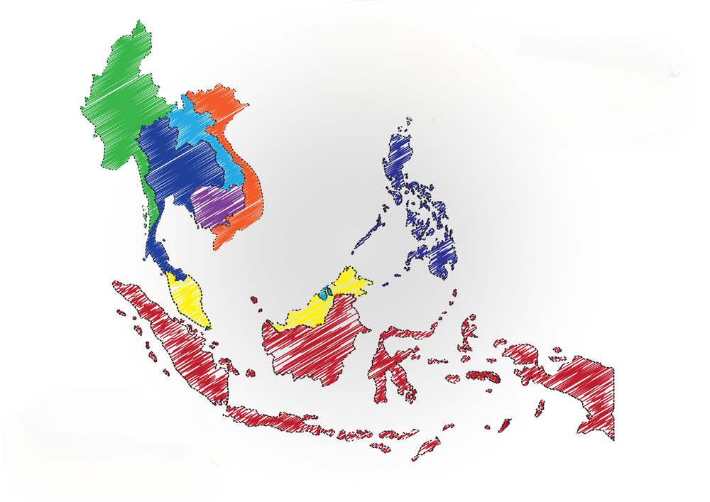 An illustrated map of Southeast Asia simulating colored pencil fill-ins for each country in a different color.