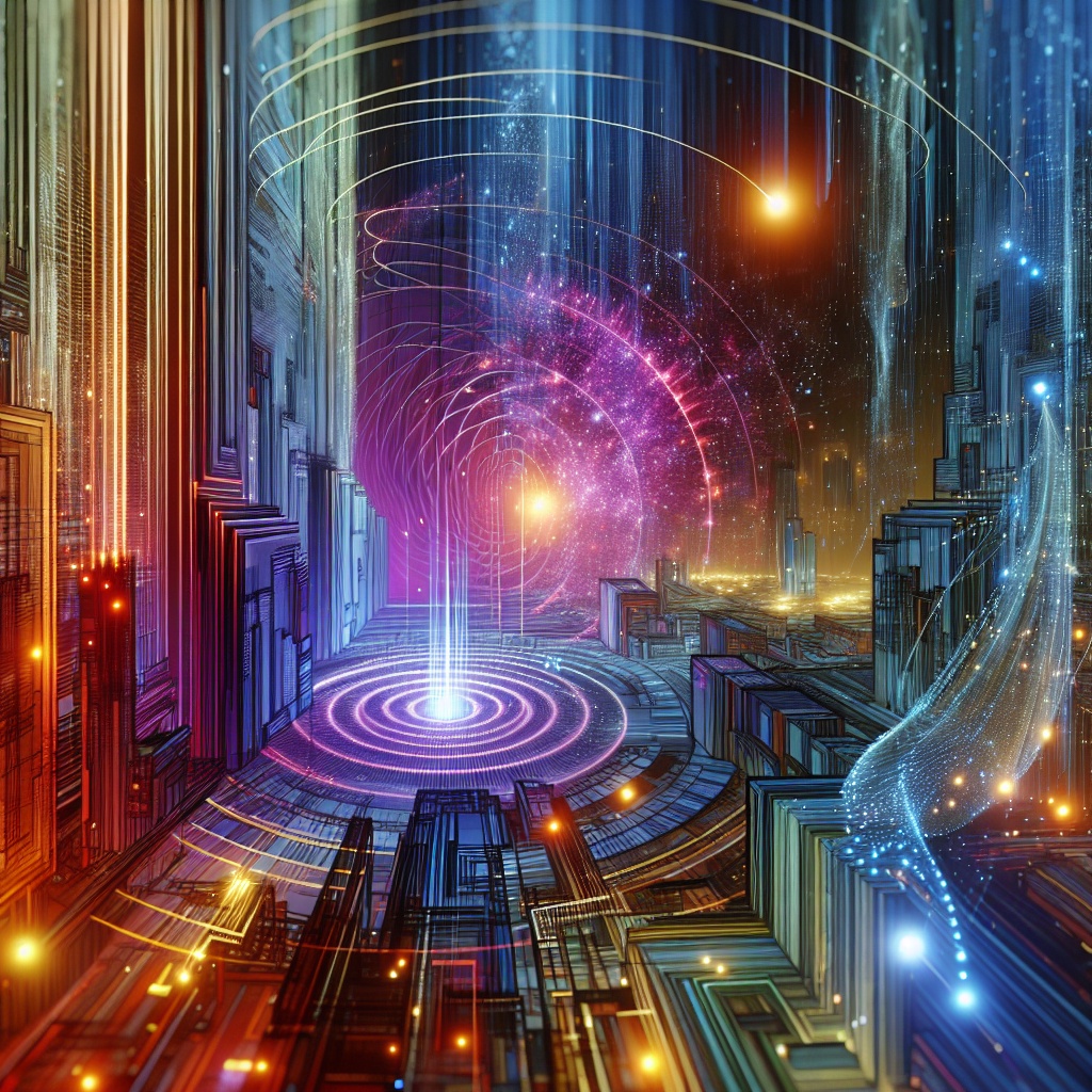 A colorful, futuristic city showing a stream of light emanating from a central nexus point skyward.